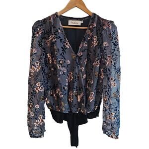 Apricot Lane Crushed Velvet Bodysuit Womens XL Blue Floral Glam Whimsygoth Fairy